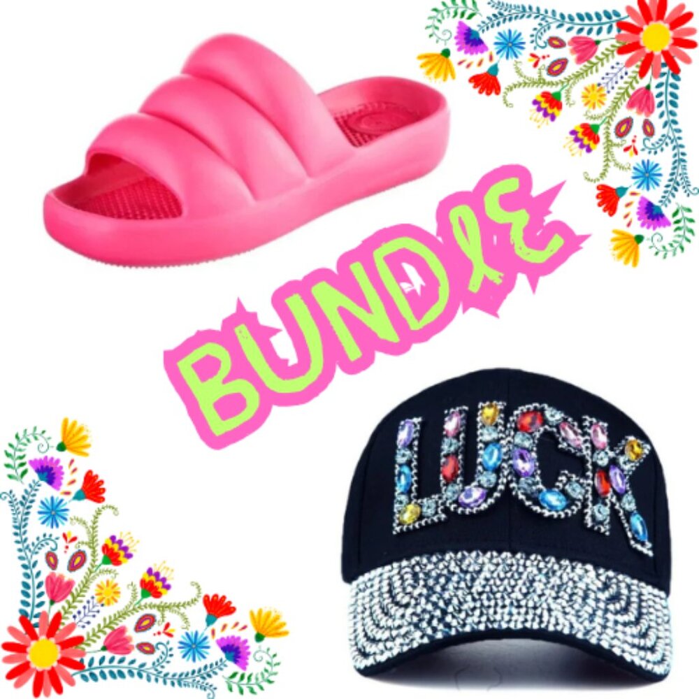 The LUCK-y Bundle, Adjustable Diamond Letter LUCK Outdoor Hat and Puffy Slides